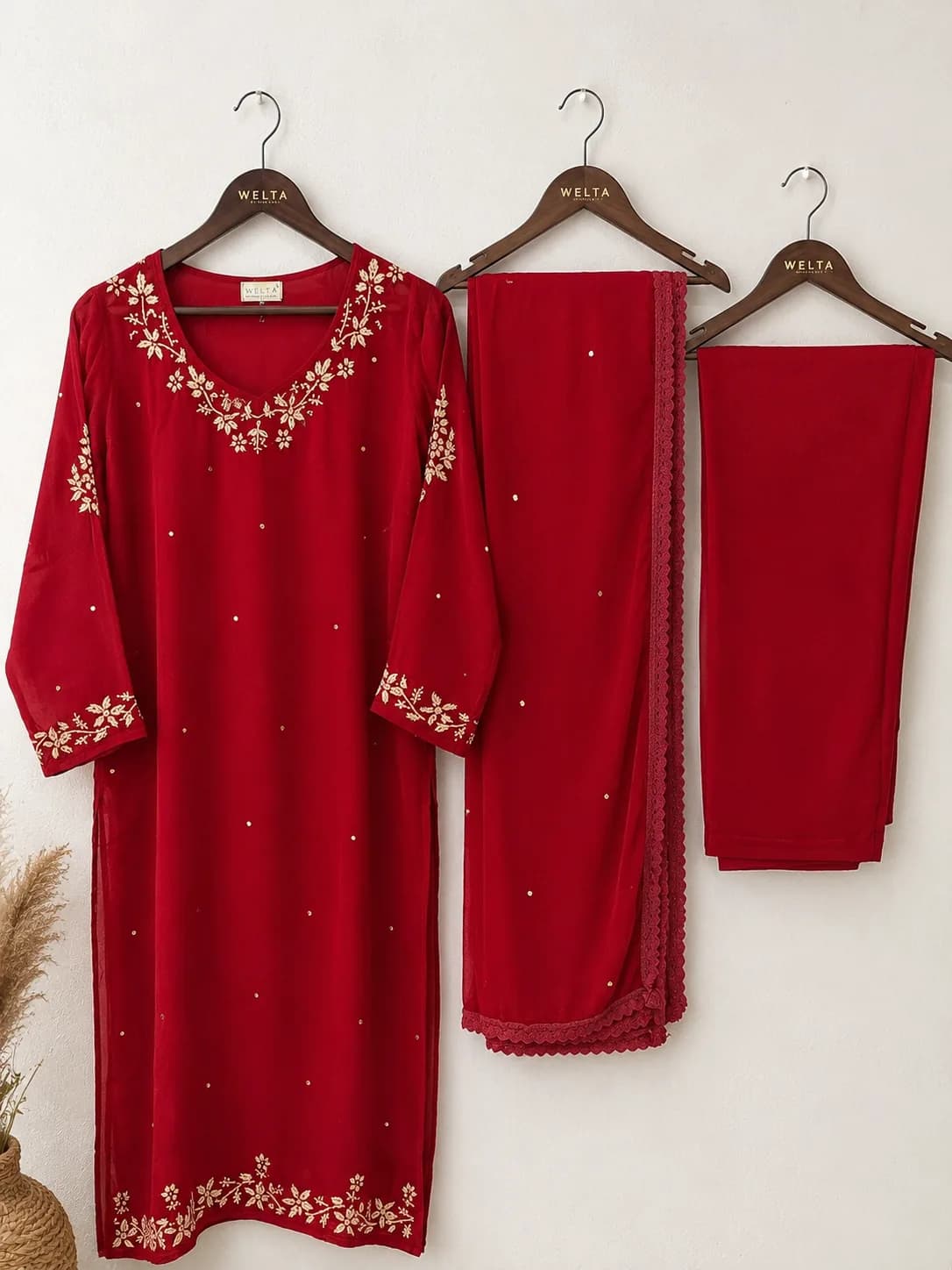 Ruby Red Embroidered Kurta Dupatta Bottom Set — view 4