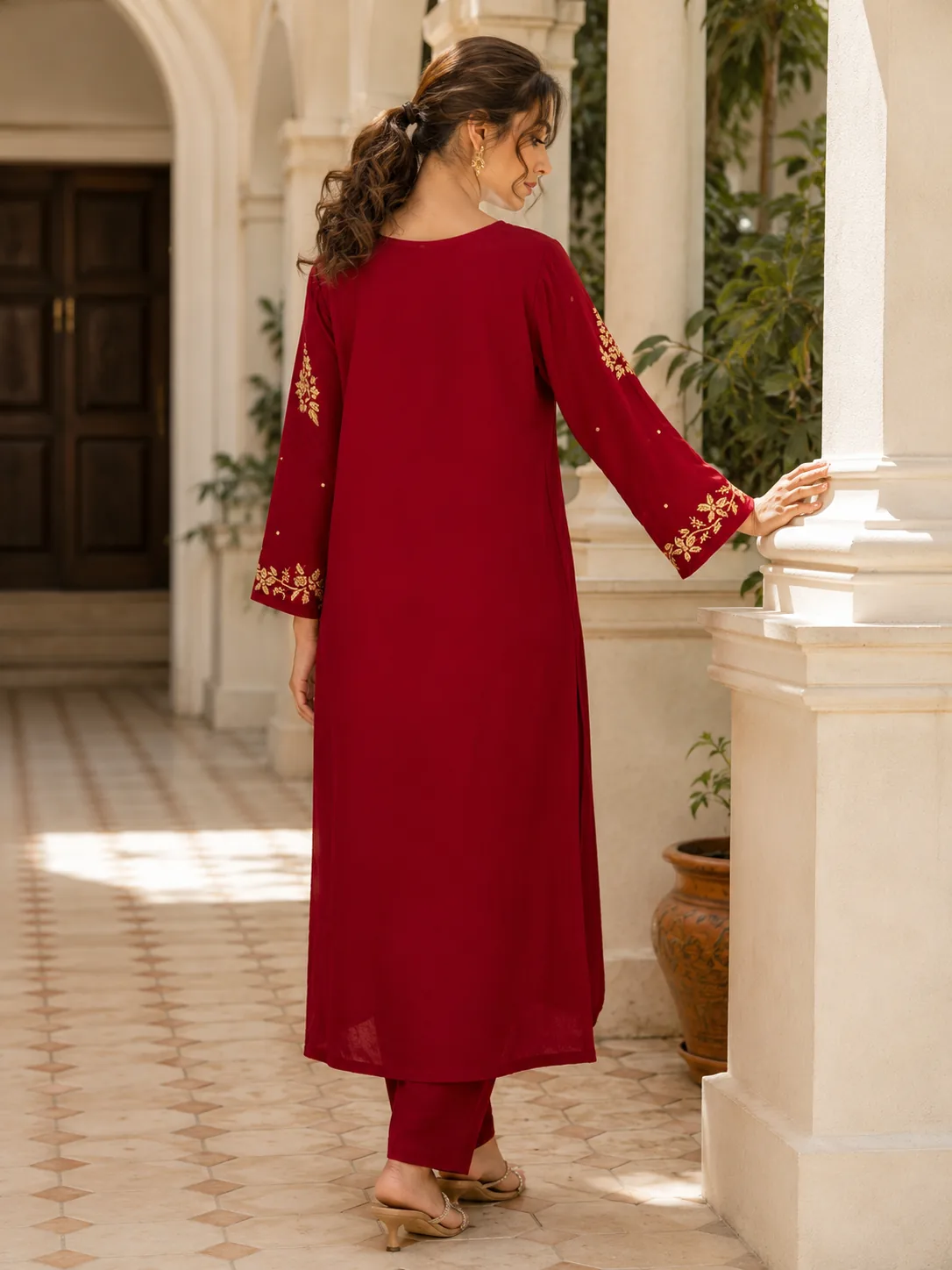 Ruby Red Embroidered Kurta Dupatta Bottom Set — view 5