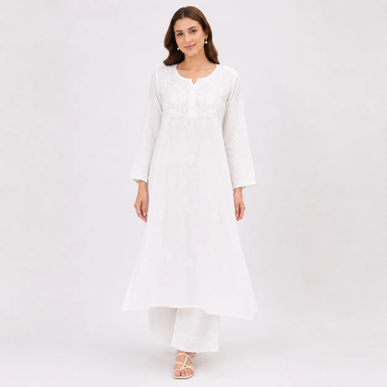 White Chikankari Embroidered Cotton Kurta Palazzo Set