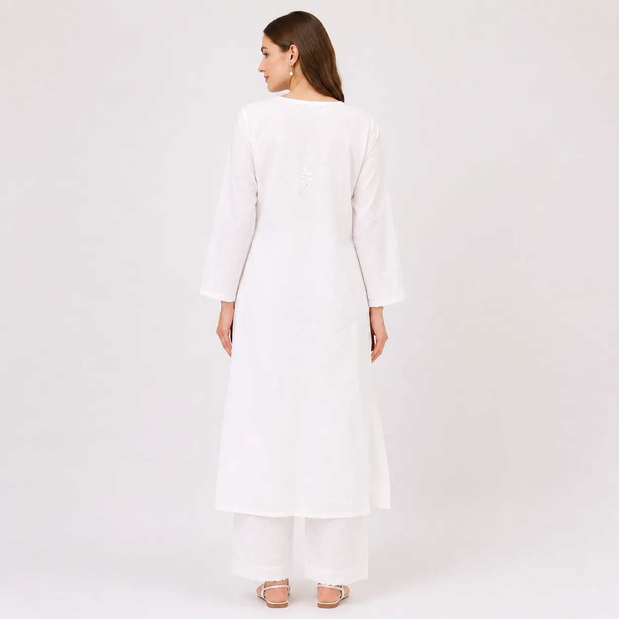White Chikankari Embroidered Cotton Kurta Palazzo Set — view 2