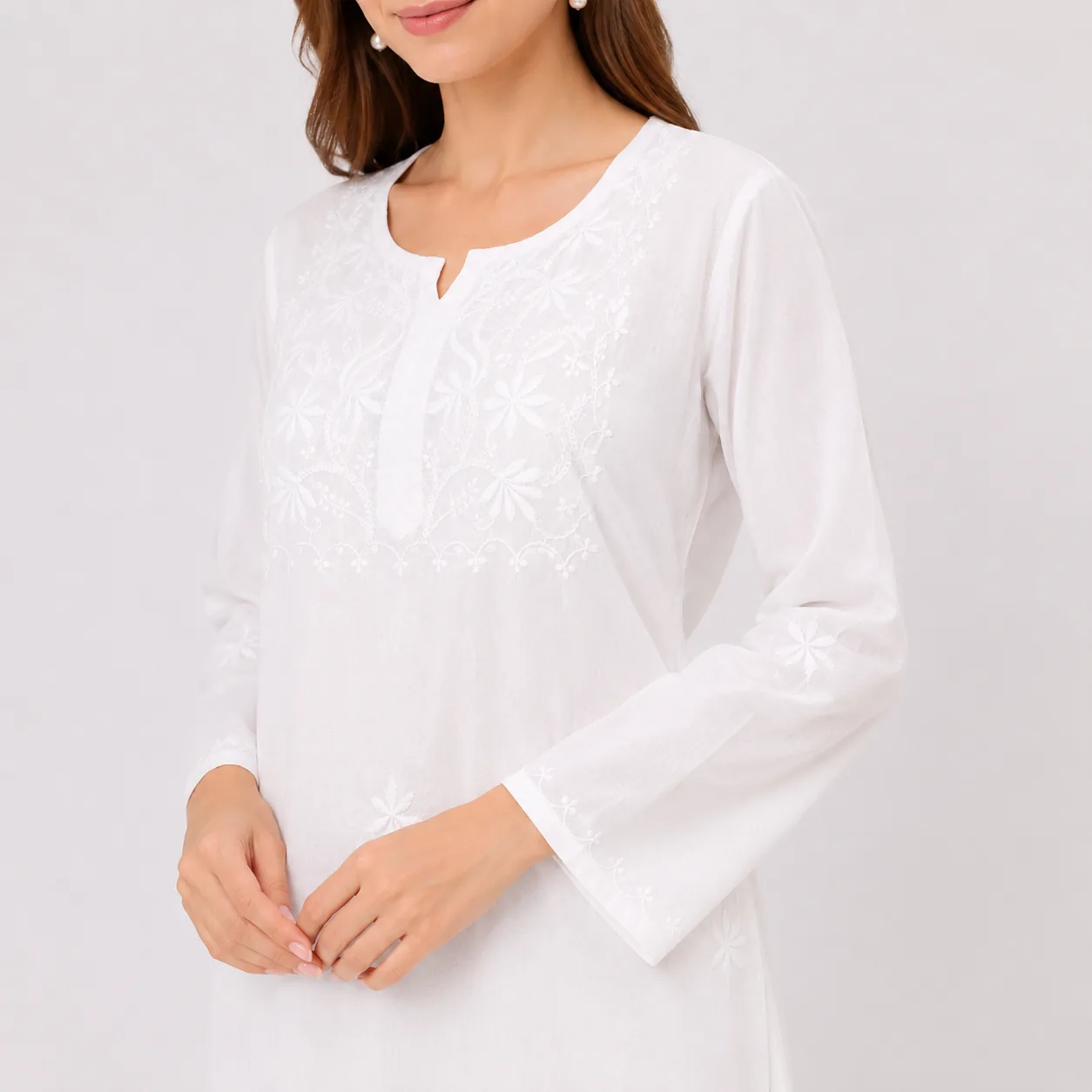 White Chikankari Embroidered Cotton Kurta Palazzo Set — view 3