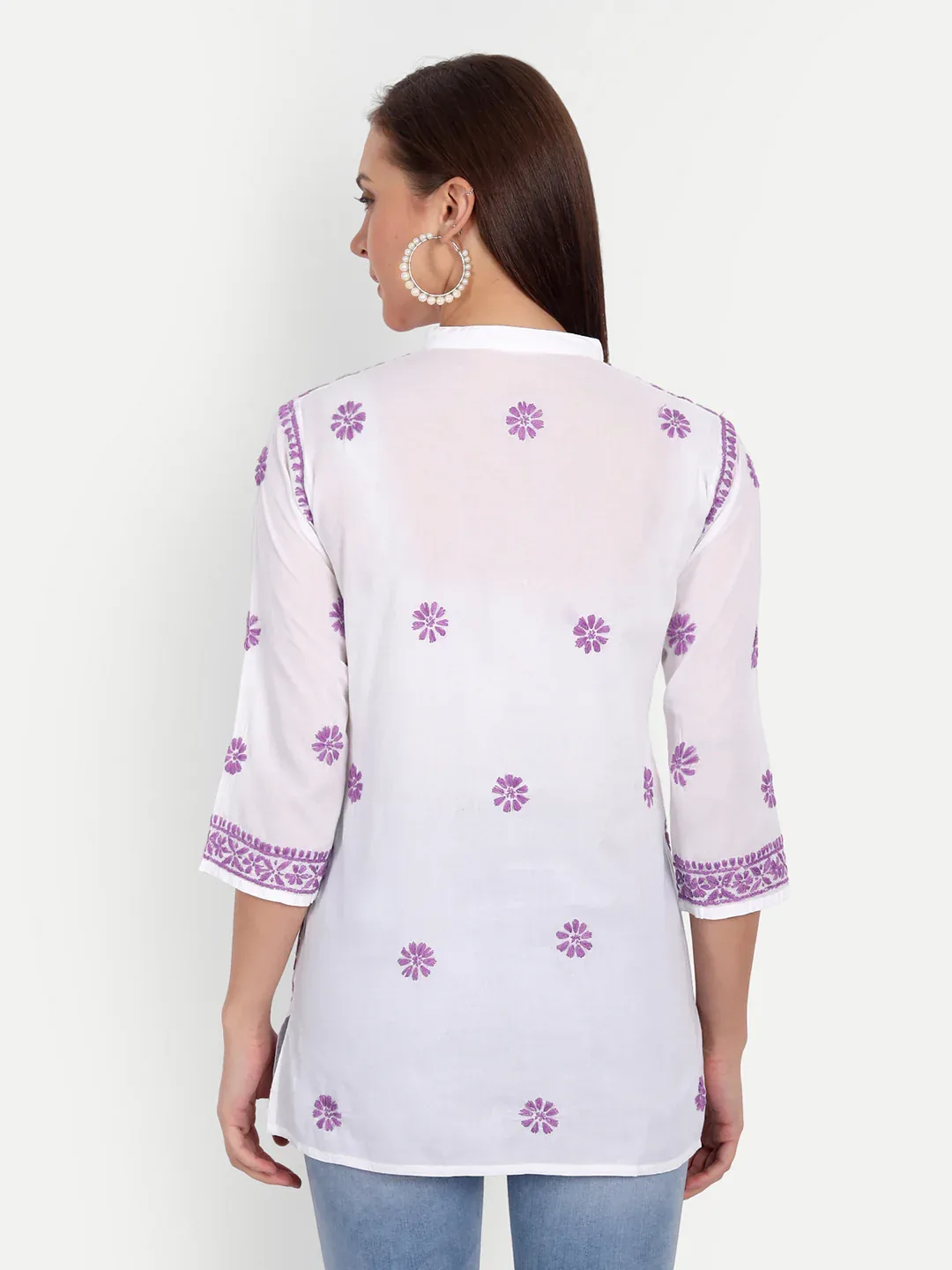 White & Lavender Chikankari Embroidered Cotton Top — view 2