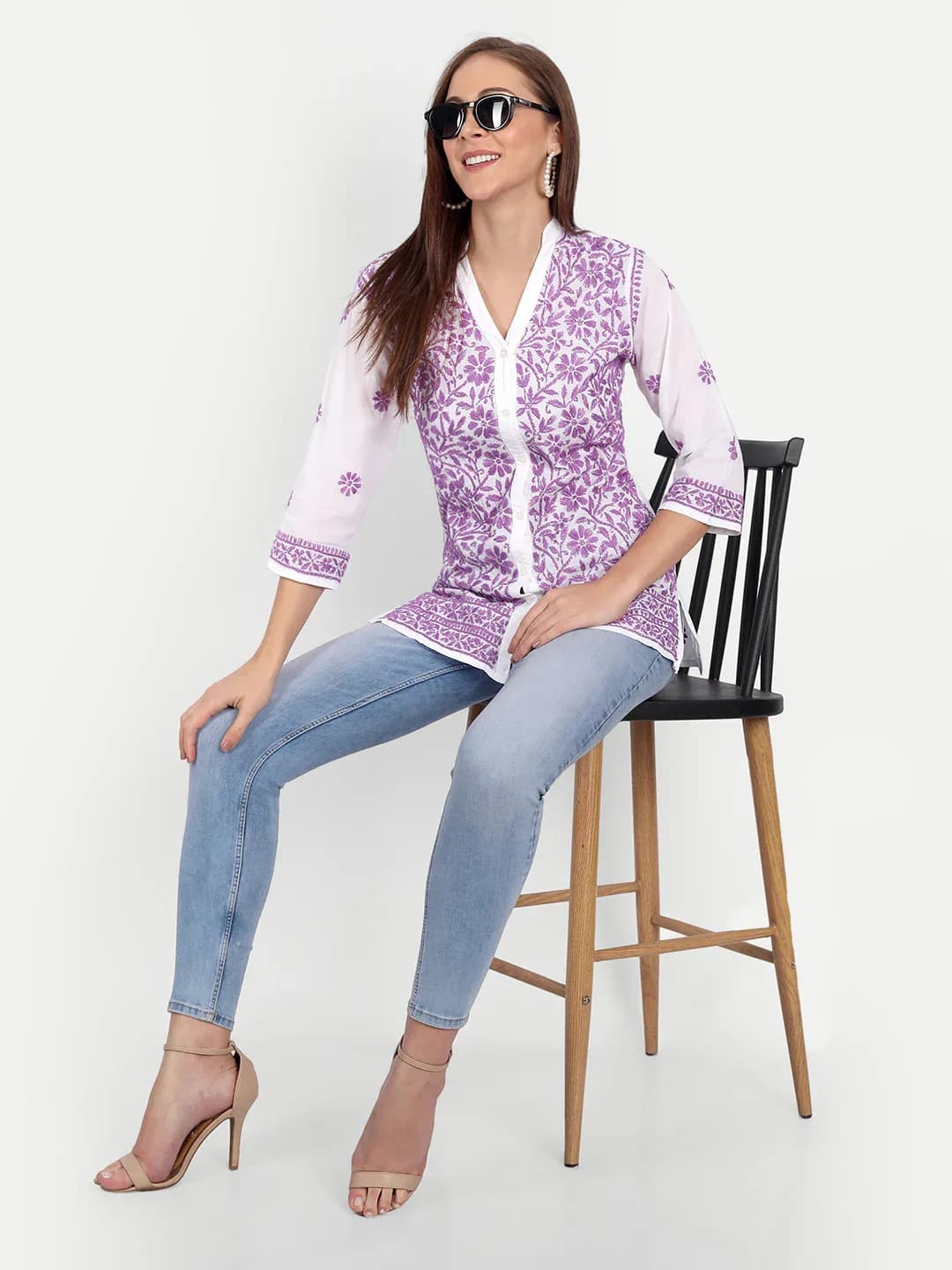 White & Lavender Chikankari Embroidered Cotton Top — view 4